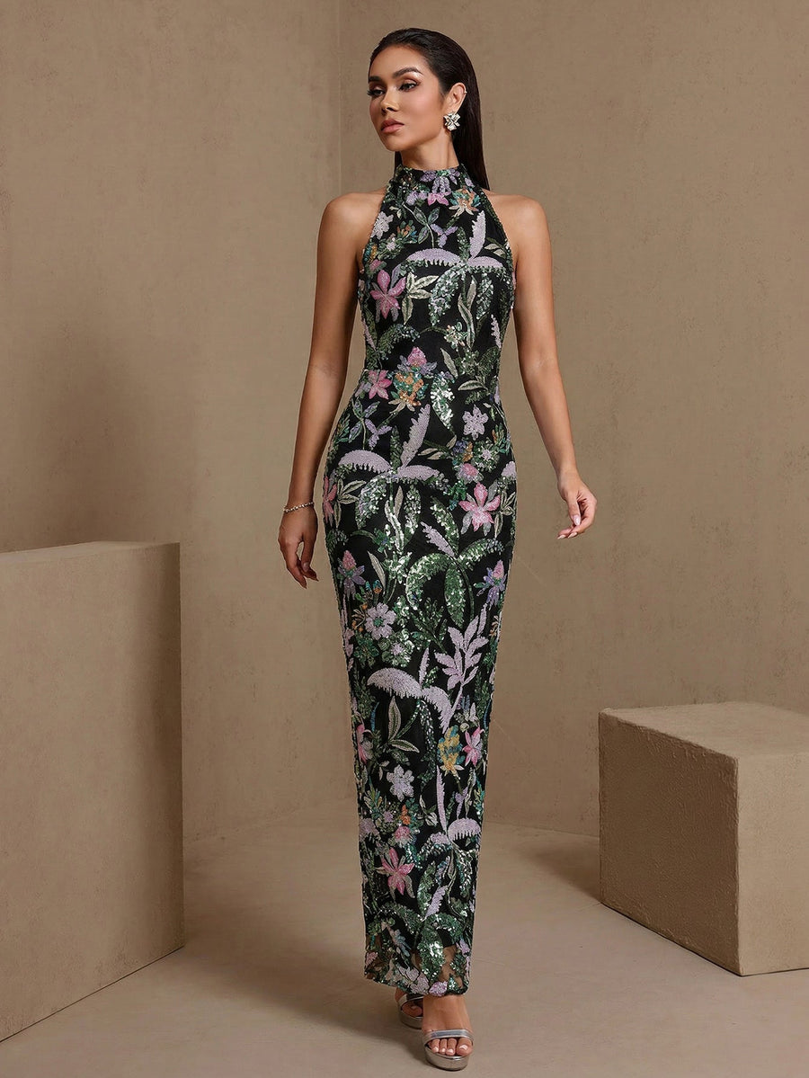 Ivory Monaco — Halter Floral Sequin Maxi Dress
