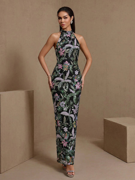 Maxikleid mit Blumenmuster und Pailletten