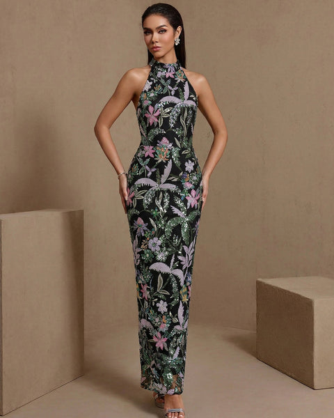Maxikleid mit Blumenmuster und Pailletten