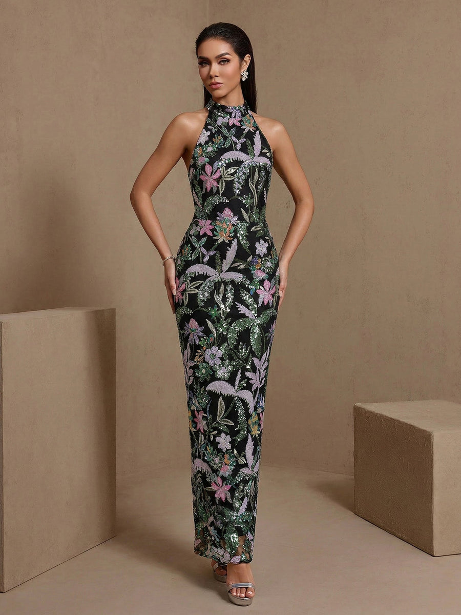 Ivory Monaco — Halter Floral Sequin Maxi Dress, alternate view 2