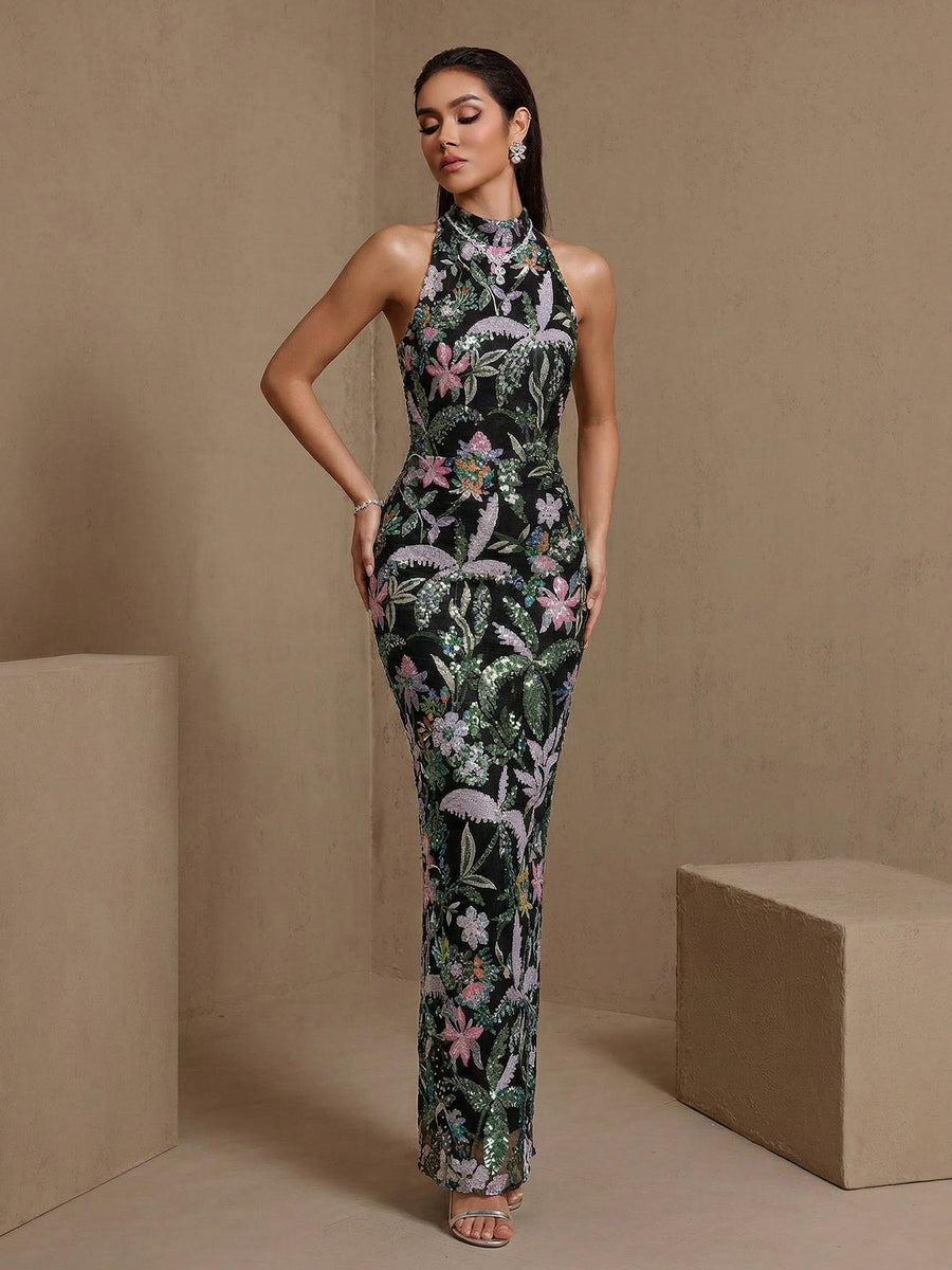 Maxikleid mit Blumenmuster und Pailletten