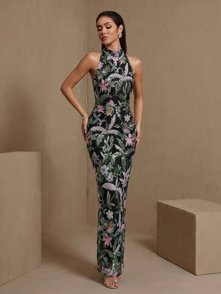 Maxikleid mit Blumenmuster und Pailletten
