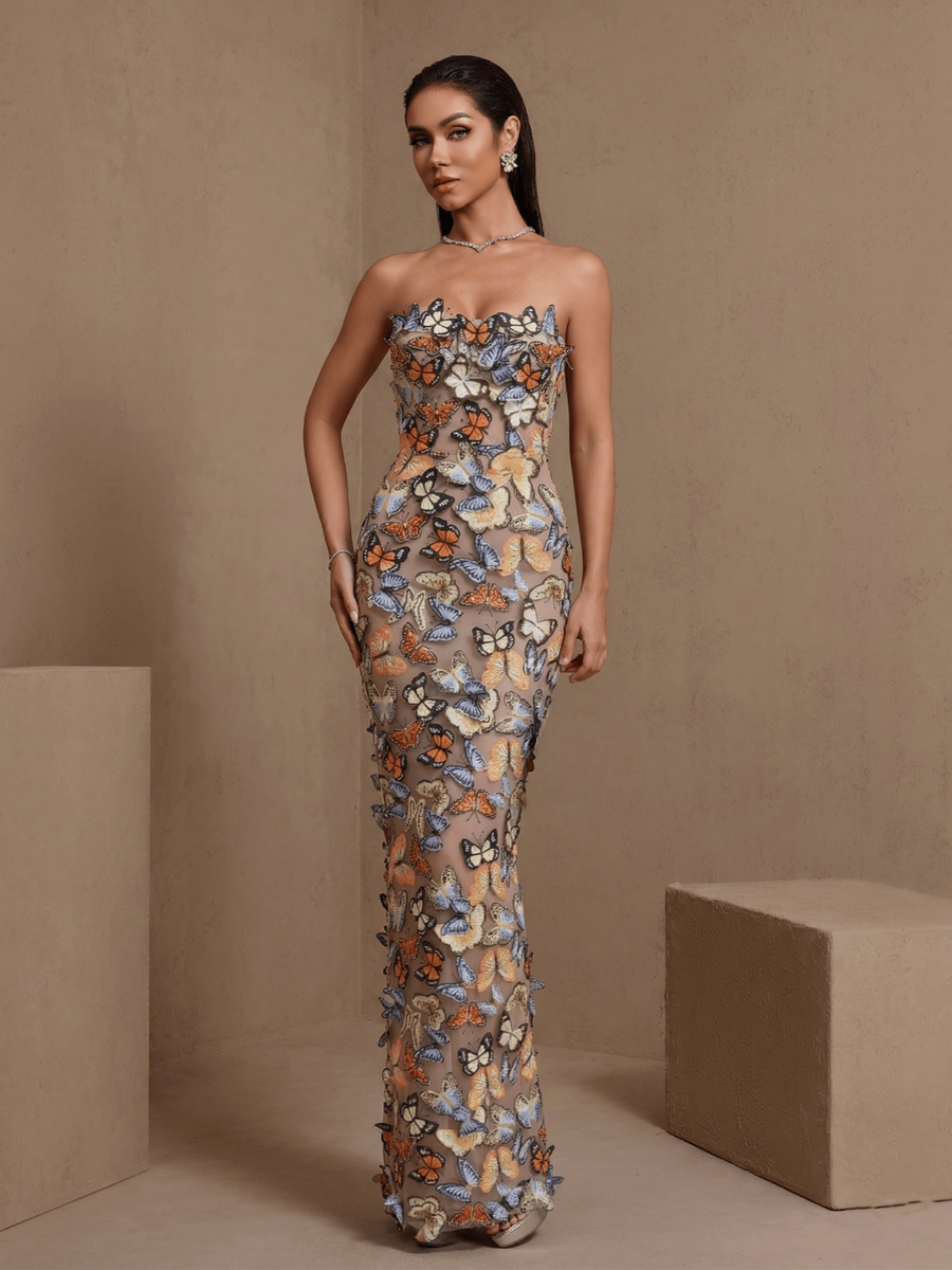 Papillon Aveline — 3D Butterfly Applique Mesh Strapless Maxi Dress