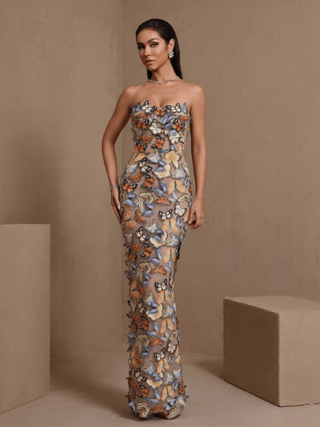 Papillon Aveline — 3D Butterfly Applique Mesh Strapless Maxi Dress