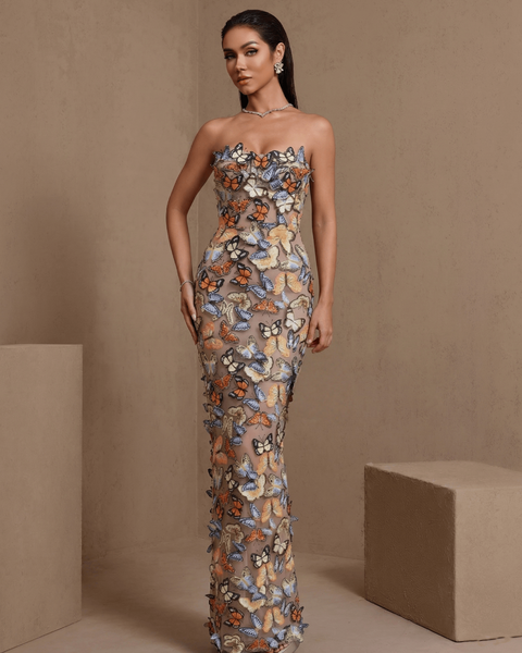 Papillon Aveline — 3D Butterfly Applique Mesh Strapless Maxi Dress