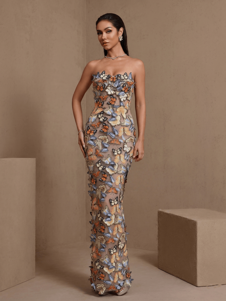 Papillon Aveline — 3D Butterfly Applique Mesh Strapless Maxi Dress