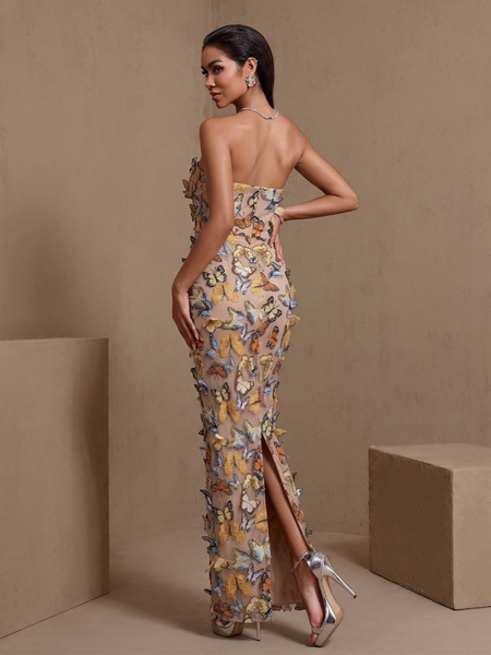 Papillon Aveline — 3D Butterfly Applique Mesh Strapless Maxi Dress, alternate view 3