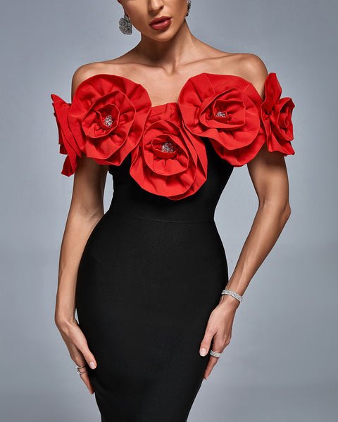 Off Shoulder Crystal Flowers Bandage Dress