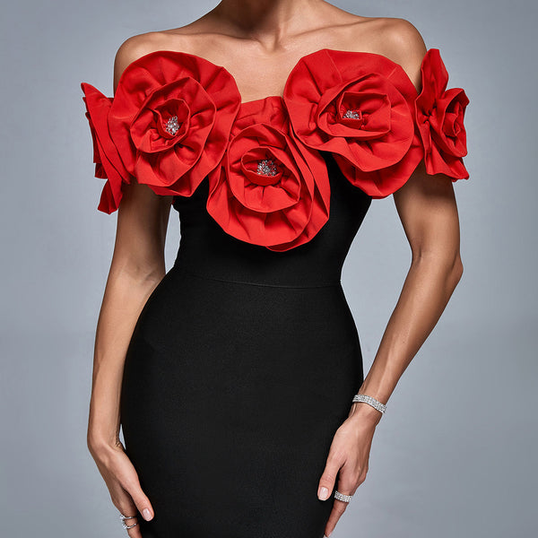 Off Shoulder Crystal Flowers Bandage Dress