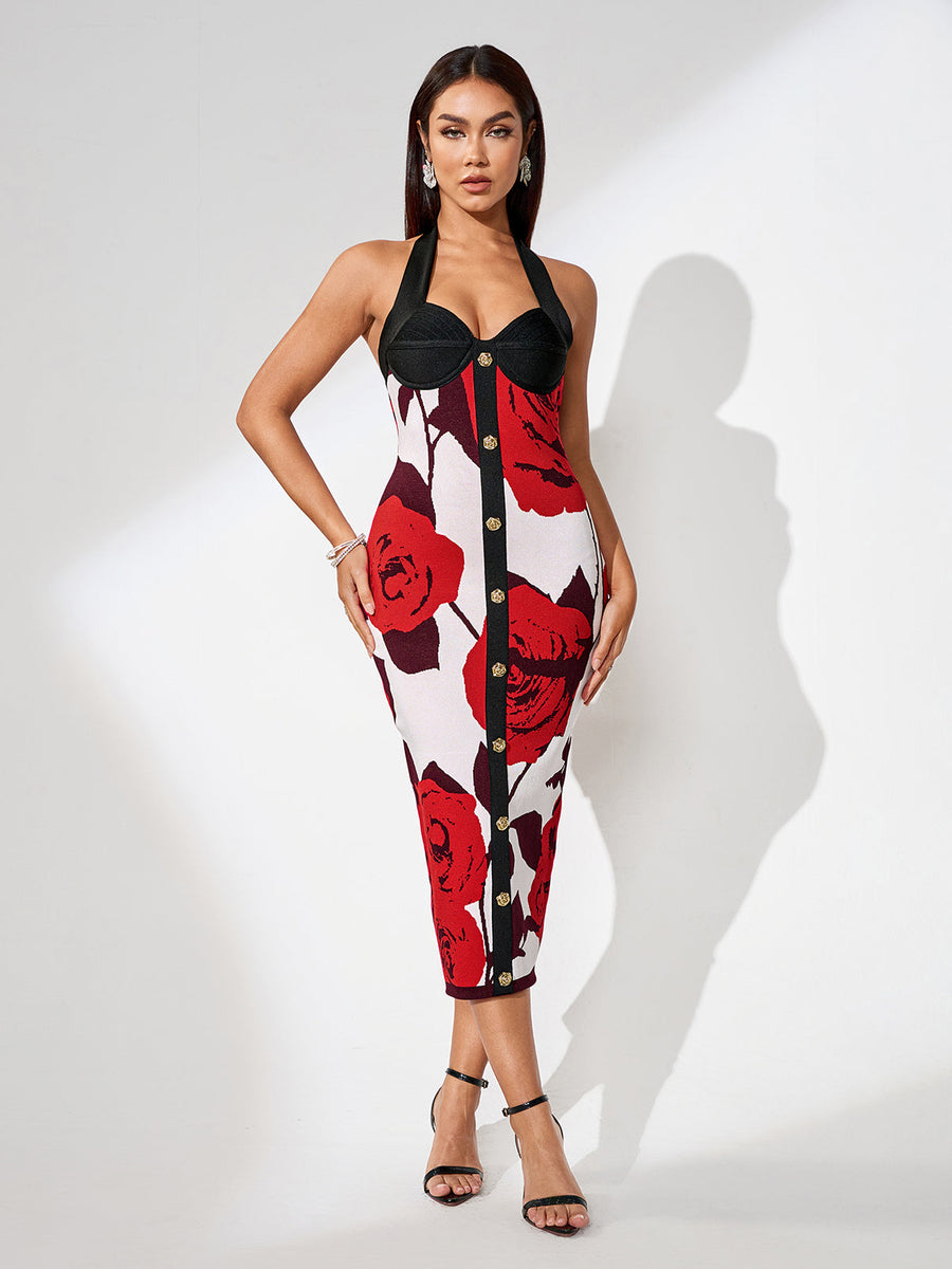 Buttoned Bandage Dress with Floral Pattern for a Chic and Feminine Look