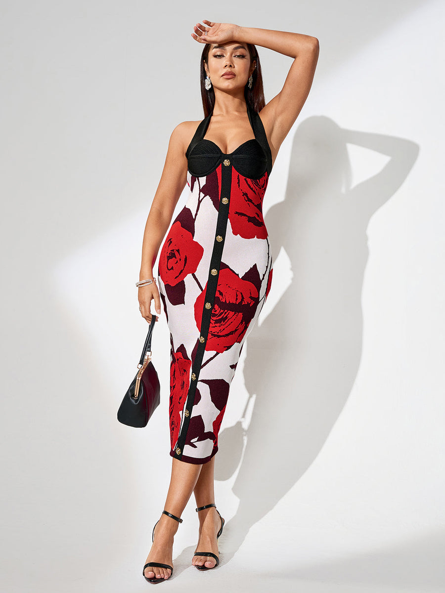 Buttoned Bandage Dress with Floral Pattern for a Chic and Feminine Look