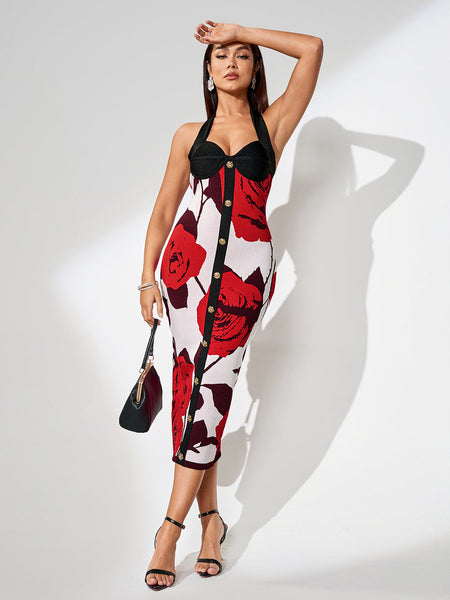 Buttoned Bandage Dress with Floral Pattern for a Chic and Feminine Look