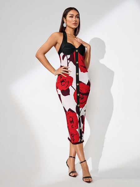 Buttoned Bandage Dress with Floral Pattern for a Chic and Feminine Look