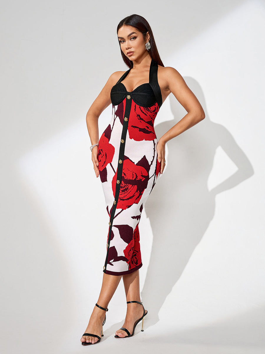 Buttoned Bandage Dress with Floral Pattern for a Chic and Feminine Look