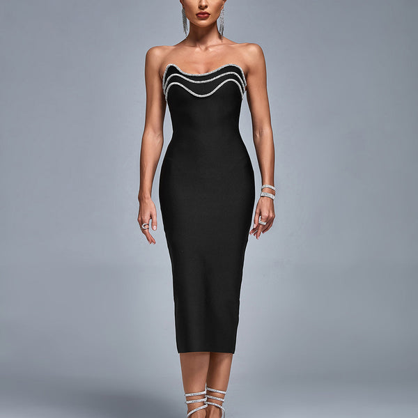 Open Back Crystal Trim Bandage Midi Dress