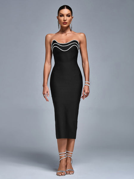 Open Back Crystal Trim Bandage Midi Dress - Opulent Empire