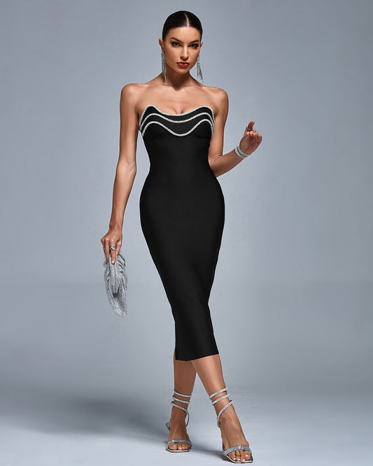 Open Back Crystal Trim Bandage Midi Dress - Opulent Empire