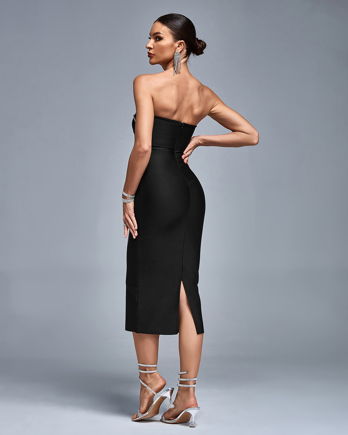 Brigitte — Open Back Crystal Trim Bandage Midi Dress, alternate view 3