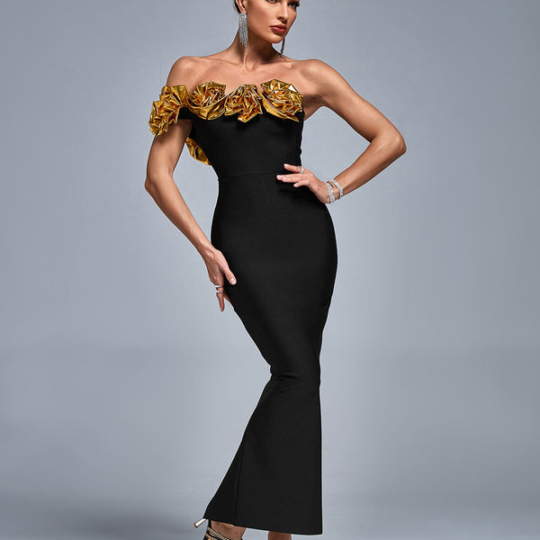 One Shoulder 3D Flowers Bandage Dress