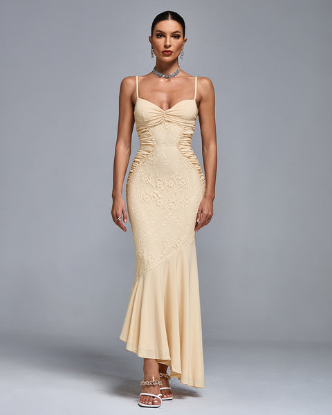 Chiffon Lace Ruched Open Back Gown