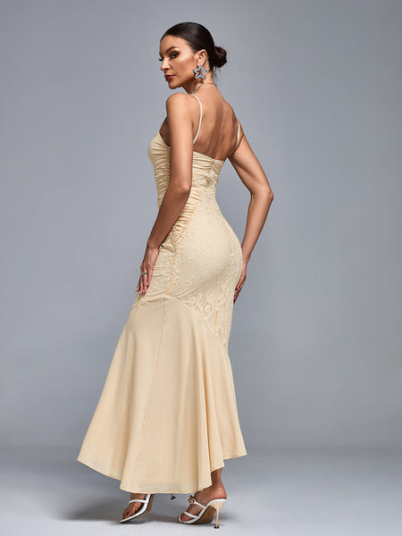 Chiffon Lace Ruched Open Back Gown