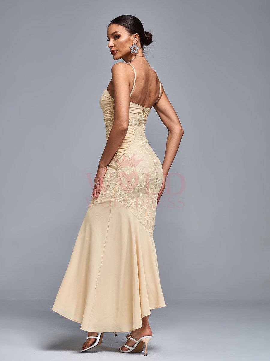 Chiffon Lace Ruched Open Back Gown
