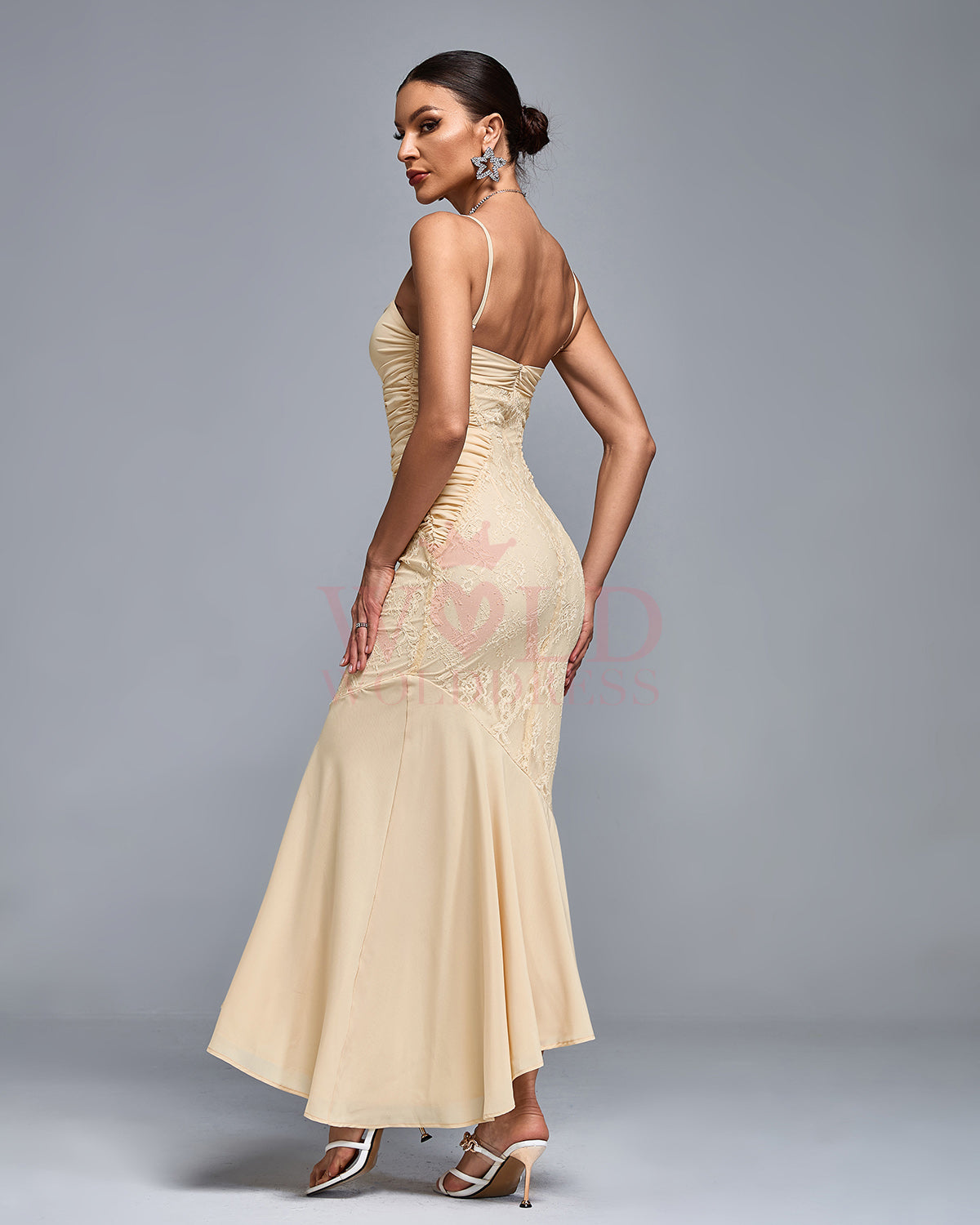 Yseult Delacroix — Chiffon Lace Ruched Open Back Gown, alternate view 3