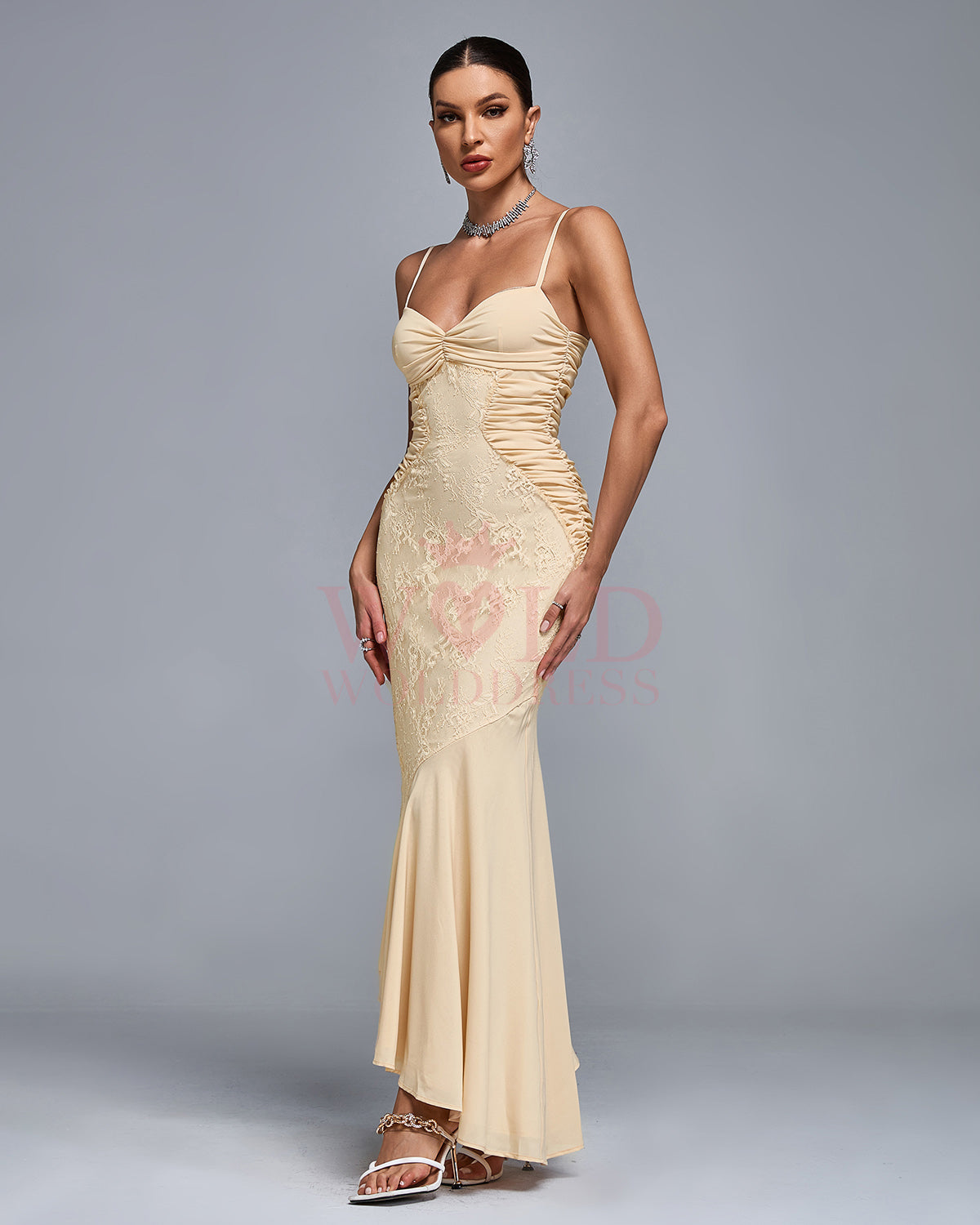 Yseult Delacroix — Chiffon Lace Ruched Open Back Gown, alternate view 4