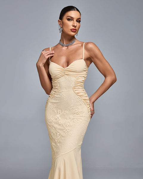 Chiffon Lace Ruched Open Back Gown