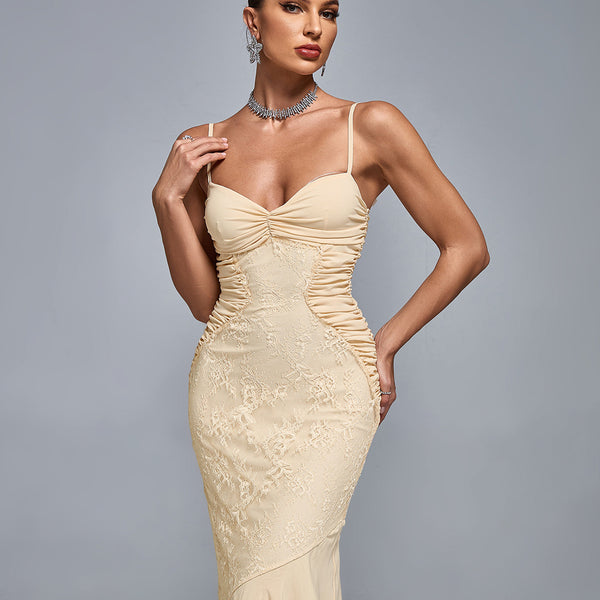 Chiffon Lace Ruched Open Back Gown