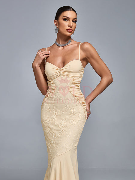 Chiffon Lace Ruched Open Back Gown