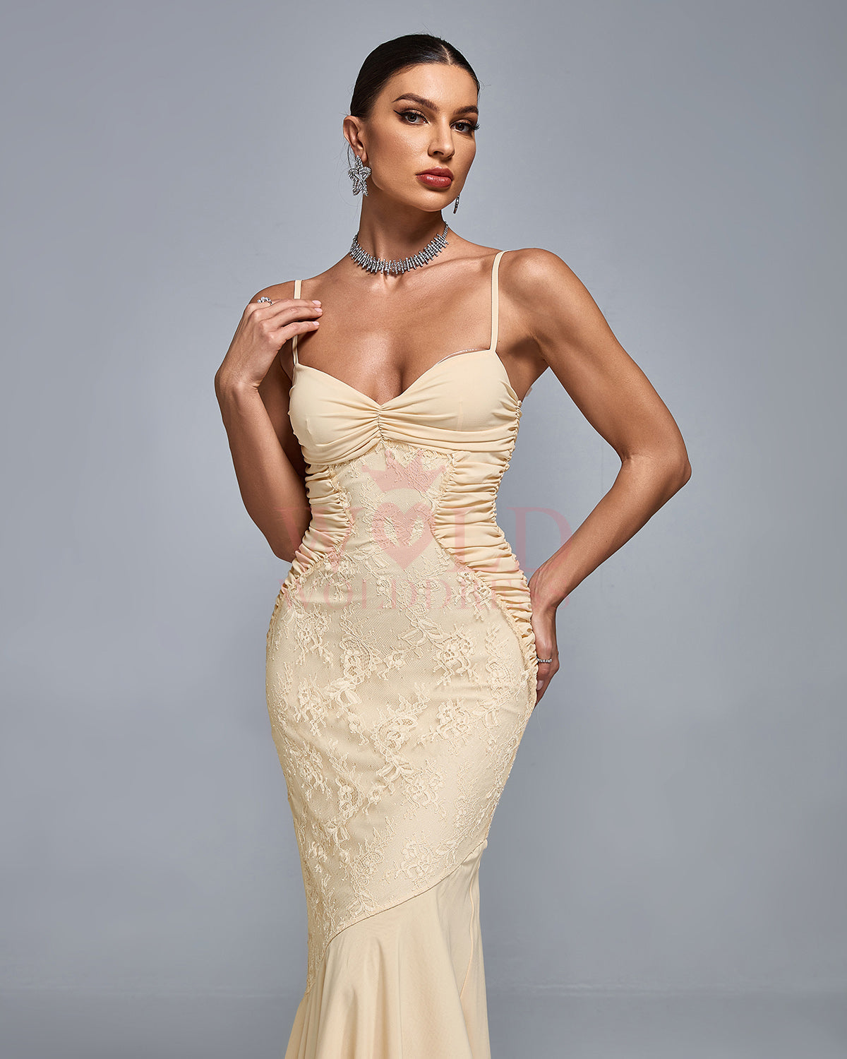 Yseult Delacroix — Chiffon Lace Ruched Open Back Gown, alternate view 2