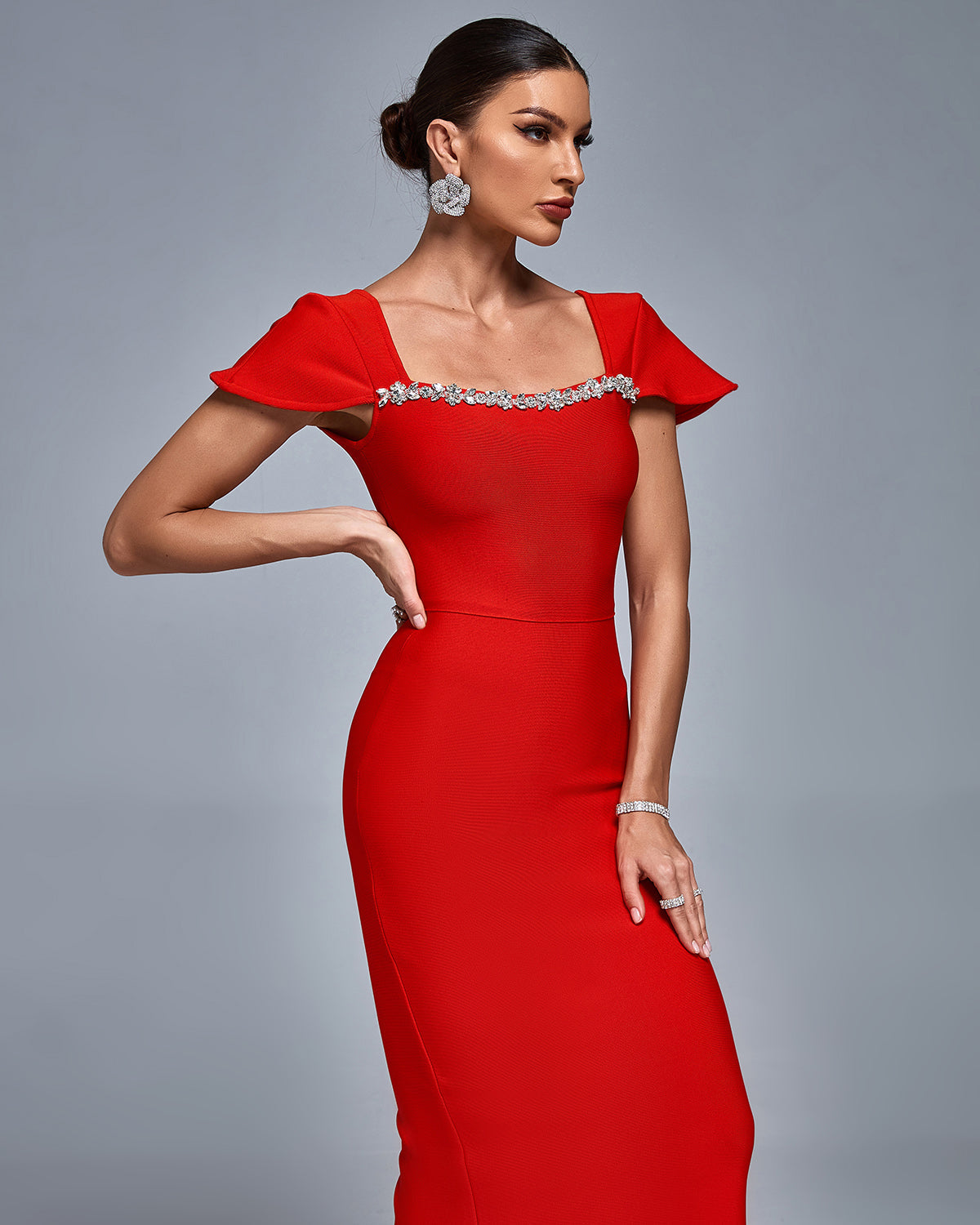 Alessia — Square Neck Rhinestone Trim Bandage Dress, alternate view 3
