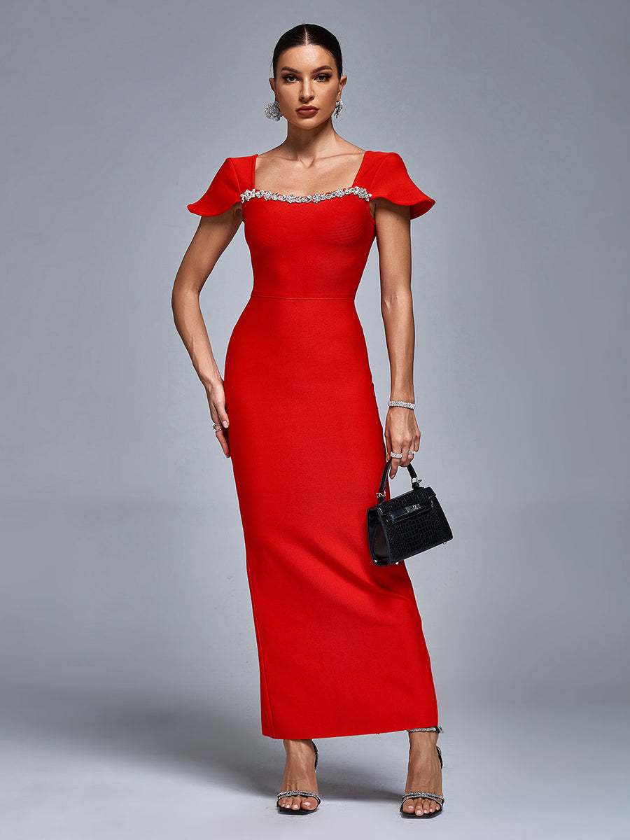 Square Neck Rhinestone Trim Bandage Dress - Opulent Empire