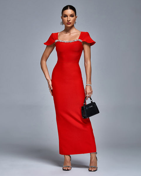 Square Neck Rhinestone Trim Bandage Dress - Opulent Empire