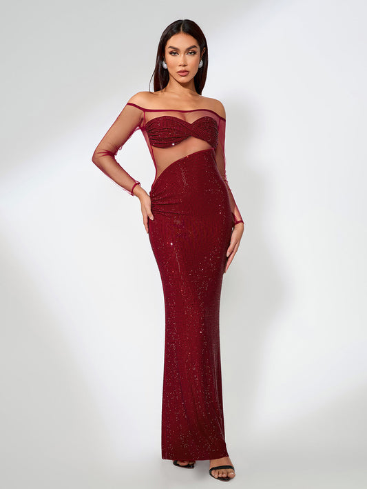 Asymmetrical Mesh Dress with Rhinestones for a Elegant and Trendy Look