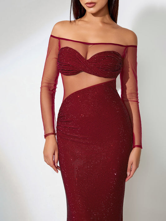 Asymmetrical Mesh Dress with Rhinestones for a Elegant and Trendy Look