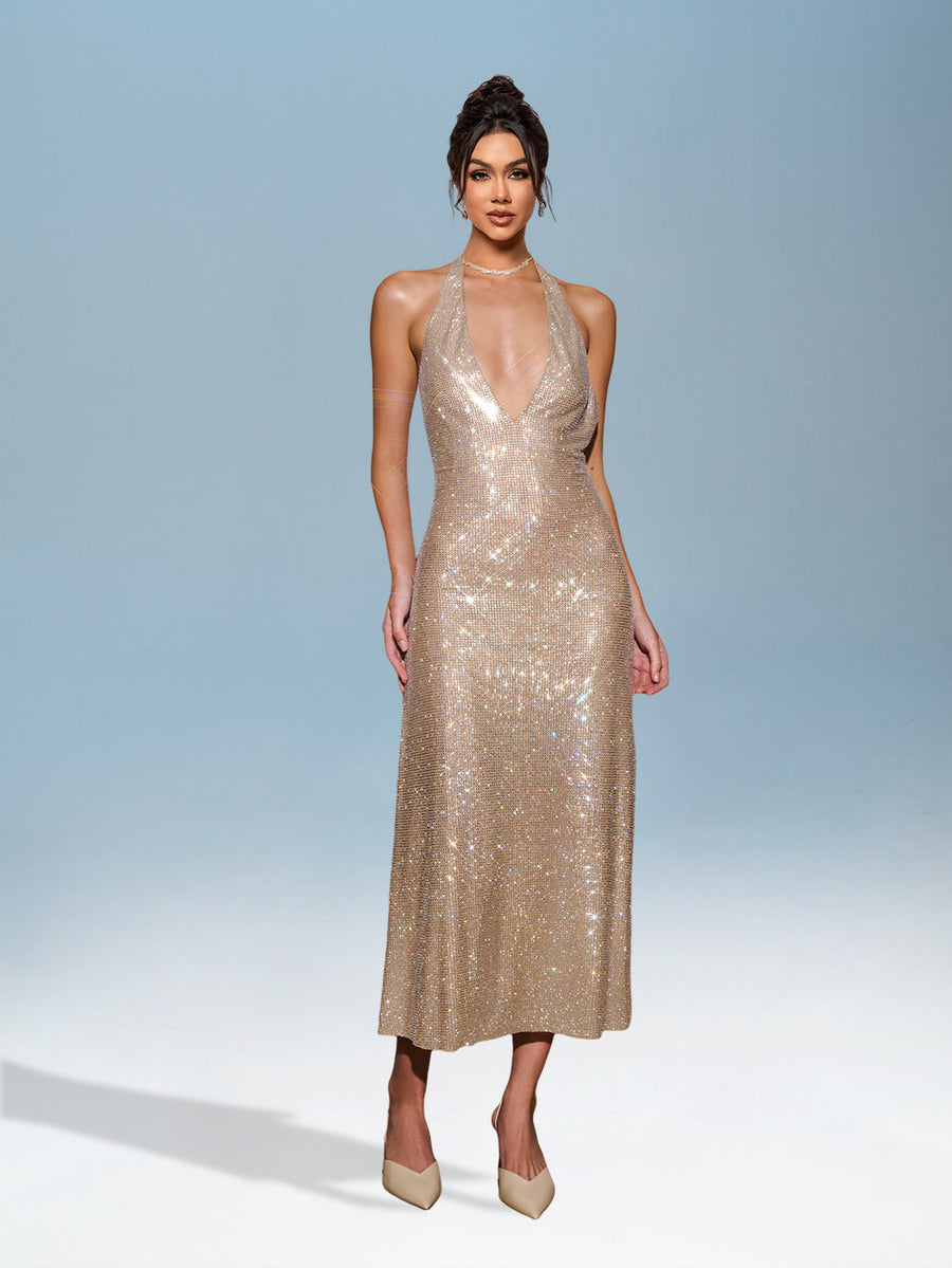 Claudette Bellamy — Deep V-neck glitter dress with open back elegance and shine