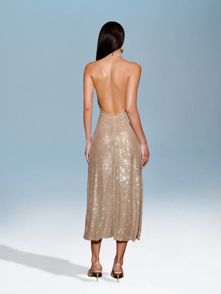 Deep V-neck glitter dress with open back elegance and shine