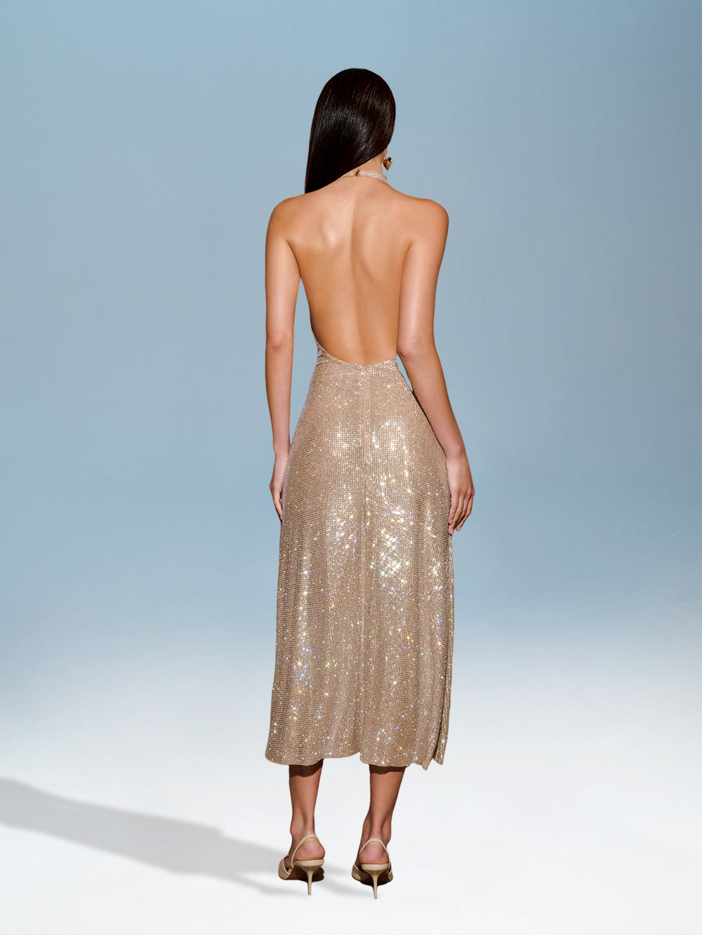 Claudette Bellamy — Deep V-neck glitter dress with open back elegance and shine, alternate view 3