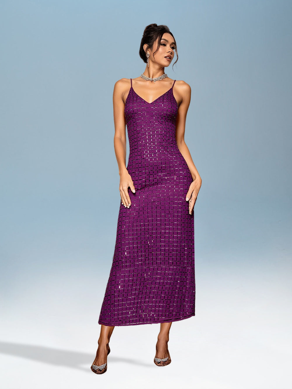 Georgina Bellamy — Glamorous Rhinestone-Accented Elegant Maxi Dress