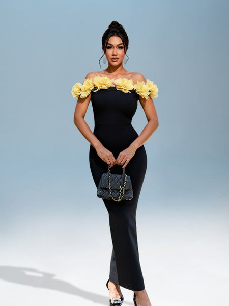Elegant 3D Flower Off-Shoulder Bandage Dress for a Stunning Look