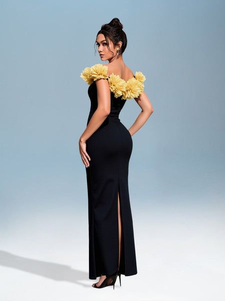 Elegant 3D Flower Off-Shoulder Bandage Dress for a Stunning Look