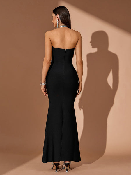 Halter Rhinestone Maxi Bandage Dress