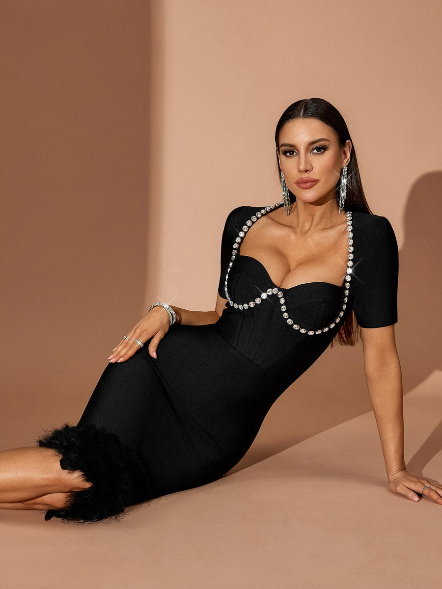 Diamond-trim Feather Hemline Bandage Dress