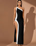 One Shoulder High-Slit Patchwork Bandage Dress