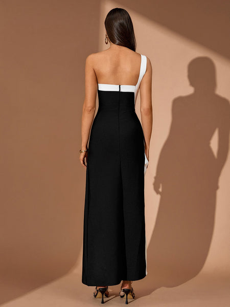 One Shoulder High-Slit Patchwork Bandage Dress