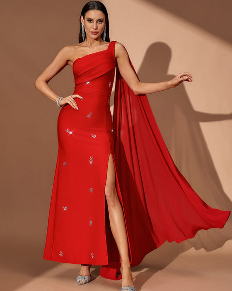 One Shoulder Crystal Pleated Bandage Dress