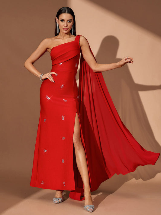 One Shoulder Crystal Pleated Bandage Dress