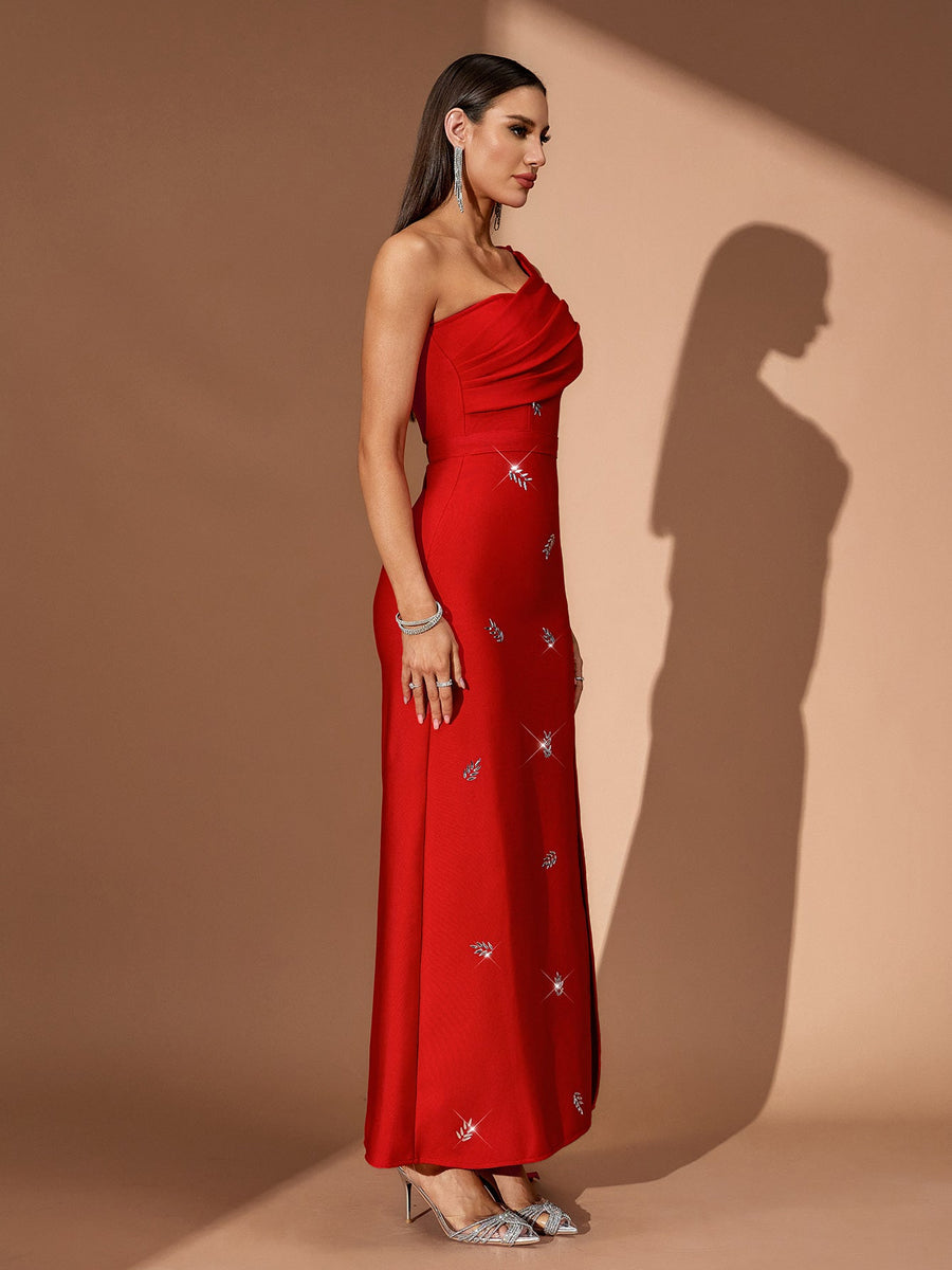 One Shoulder Crystal Pleated Bandage Dress